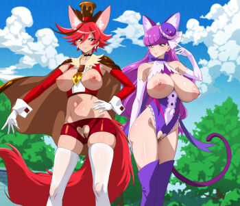 2girls animal_ears bar_censor blue_sky blush breasts breasts_out cape censored cleft_of_venus clothing_cutout cloud crotch_cutout crotchless crotchless_leotard crotchless_shorts cure_chocolat cure_macaron earrings elbow_gloves fake_animal_ears fake_tail female_pubic_hair fuooooo gloves hand_on_own_hip hat highres jewelry kenjou_akira kirakira_precure_a_la_mode kotozume_yukari large_areolae large_breasts leotard long_hair looking_at_viewer midriff multiple_girls navel nipples outdoors paid_reward_available precure pubic_hair purple_eyes purple_hair pussy red_eyes short_hair sky smile tail thighhighs top_hat very_long_hair white_gloves white_thighhighs rating:Explicit score:79 user:danbooru