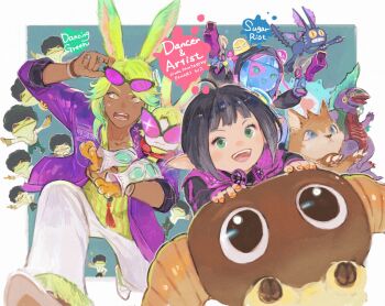  1boy 1girl :d adjusting_eyewear black_hair character_name copyright_name dancing_green dark-skinned_male dark_skin eheeya_(ff14) feather_ray_(final_fantasy) final_fantasy final_fantasy_xiv frog gimme_cat green_eyes green_hair green_shirt highres j2_path jabberwock_(final_fantasy) jacket jewelry lalafell looking_at_viewer medium_hair mu_(final_fantasy) multiple_rings open_mouth orange_nails pants pink-tinted_eyewear purple_jacket rectangular_mouth ring shirt short_hair smile striped_clothes striped_shirt sugar_riot sunglasses tinted_eyewear vertical-striped_clothes vertical-striped_shirt viera white_pants yan_(final_fantasy) yellow_eyes 