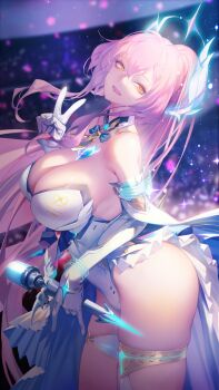  1girl aemeath_(wuthering_waves) alternate_breast_size_(larger) blurry blurry_background breasts commentary cowboy_shot elbow_gloves floating_headgear from_side gloves hand_up head_back headgear highres holding holding_microphone huge_breasts ina_(mikamixx) jewelry leaning_forward leotard long_hair long_skirt looking_at_viewer looking_to_the_side microphone open_mouth orange_eyes pink_hair ponytail showgirl_skirt skirt smile solo star-shaped_pupils star_(symbol) strapless strapless_leotard symbol-shaped_pupils tacet_mark_(wuthering_waves) thighlet thighs turning_head v very_long_hair white_gloves white_leotard white_skirt wuthering_waves 