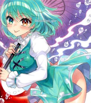  1girl :p aqua_hair aqua_skirt aqua_vest blue_eyes blush breasts chacham commentary heterochromia holding holding_umbrella juliet_sleeves large_breasts long_hair long_sleeves looking_at_viewer puffy_sleeves purple_umbrella red_eyes skirt solo tatara_kogasa tongue tongue_out touhou twitter_username umbrella vest water_drop 
