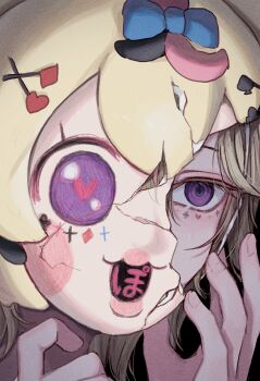  absurdres blush bow clover-shaped_pupils clover_facial_mark covered_mouth cracked_kawaii_mask cross cross_facial_mark diamond_facial_mark empty_eyes facial_mark hair_bow hair_ornament hand_on_own_face hashtag-only_commentary heart heart-shaped_pupils heart_facial_mark highres hololive kio_is_here looking_ahead omaru_polka po_(hololive) revealing_layer star_(symbol) star_facial_mark symbol-shaped_pupils virtual_youtuber 