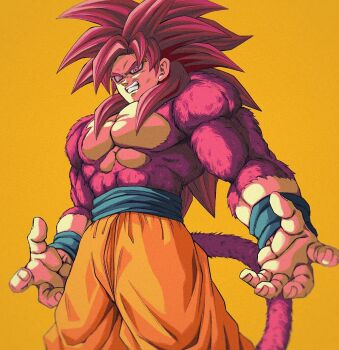  1boy blue_sash blue_wrist_cuffs body_fur bure_(fantasticyouth7) clenched_teeth commentary_request cowboy_shot dragon_ball dragon_ball_daima highres long_hair male_focus monkey_tail muscular muscular_male orange_pants pants red_eyes red_fur red_hair red_tail sash simple_background solo son_goku spiked_hair super_saiyan super_saiyan_4 tail teeth topless_male wrist_cuffs yellow_background 