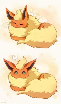  :3 ? animal_focus closed_eyes closed_mouth commentary_request flareon fluffy full_body gen_1_pokemon green_eyes highres hyrell korean_commentary looking_at_viewer lying multiple_views neck_fur nintendo no_humans orange_fur pokemon pokemon_(creature) pokemon_focus purring simple_background solo yellow_background yellow_fur 