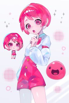  1girl :d arm_at_side bow bowtie breasts buttons chibi chibi_inset closed_mouth collared_shirt commentary_request cowboy_shot creature_and_personification drooling dual_persona finger_to_own_chin from_below gold_buttons grey_background halftone halftone_background hand_up high-waist_shorts highres index_finger_raised long_sleeves looking_at_viewer mouth_drool n._(plaw_01) open_mouth personification pink_bow pink_bowtie pink_eyes pink_hair pink_shorts pink_slime_(slime_rancher) puffy_long_sleeves puffy_sleeves shirt short_bangs short_hair shorts slime_rancher small_breasts smile solo sparkle standing swept_bangs tareme teeth tongue traditional_bowtie upper_teeth_only very_short_hair white_shirt 