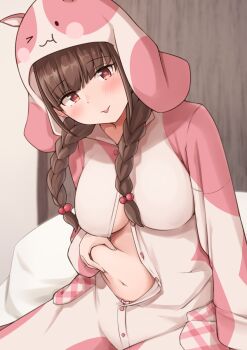  1girl :q animal_hood belly_grab blush bow braid breasts brown_hair hamster_hood heart heart_in_eye highres hood hood_up hooded_pajamas idolmaster idolmaster_shiny_colors large_breasts looking_at_viewer navel on_bed pajamas panties panty_peek partially_unbuttoned plump red_eyes sideboob sitting solo sonoda_chiyoko sumice symbol_in_eye tongue tongue_out underwear  rating:Sensitive score:73 user:danbooru