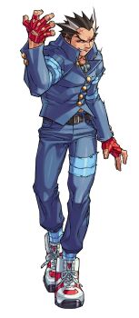 1boy absurdres ankle_wrap belt blue_pants doppelganger edaki_shin'ya fingerless_gloves forked_eyebrows full_body gakuran game_cg gloves grin highres justice_gakuen kirishima_kurow leg_wrap male_focus moero!_justice_gakuen multicolored_hair non-web_source official_art pants red_gloves scar scar_on_face scar_on_forehead school_uniform shoes simple_background smile sneakers solo standing two-tone_hair vatsu veins veiny_hands walking white_background