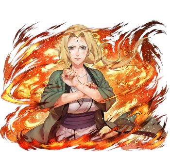  1girl blonde_hair brown_eyes facial_mark fire forehead_mark green_haori grey_kimono haori japanese_clothes kimono long_hair looking_at_viewer naruto_(series) naruto_shippuuden:_ultimate_ninja_blazing official_art open_clothes red_nails solo tsunade_(naruto) upper_body 