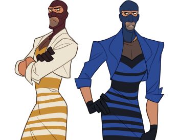  2boys balaclava blazer blu_spy_(tf2) blue_dress blue_eyes blue_gloves blue_jacket blue_mask brown_eyes claire_hummel commentary cropped_jacket crossdressing crossdressing_(mtf) crossed_arms dress english_commentary facial_hair gloves hand_on_own_hip jacket lapels looking_at_another male_focus matching_outfits meme multiple_boys official_art open_clothes open_jacket pectoral_cleavage pectorals red_gloves red_mask red_spy_(tf2) reverse_palettes sleeves_rolled_up spy_(tf2) striped_clothes striped_dress stubble team_fortress_(series) team_fortress_2 teeth the_dress_(meme) white_dress yellow_dress 