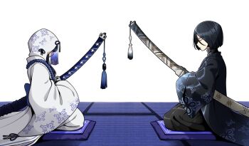  1boy 1girl araya_(project_moon) back_bow black_hair black_hakama black_kimono blue_bow blunt_ends bow closed_eyes closed_mouth commentary_request cushion facing_another floral_print floral_print_kimono from_side hakama holding holding_sword holding_weapon hood hood_up hooded_kimono japanese_clothes kimono korean_commentary limbus_company long_bangs long_sidelocks on_floor ootachi print_kimono profile project_moon ren_(project_moon) seiza sidelocks sitting smiling_cushion sword tassel tatami teacher_and_student veil weapon white_background white_kimono wide_sleeves zabuton 