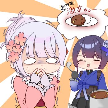  0_0 2girls :d ^_^ assault_lily black_gloves black_skirt blue_bow blue_flower blue_kimono blue_rose blunt_bangs blush bow braid butterfly_hair_ornament closed_eyes closed_mouth commentary_request cooking_pot corset curry curry_rice deformed fingerless_gloves flower food frilled_sleeves frills funada_kiito funada_ui gloves grey_gloves grey_hair hair_bun hair_flower hair_ornament hand_to_own_mouth hand_up hands_up highres holding holding_ladle japanese_clothes jewelry kimono ladle long_sleeves mole mole_under_eye multiple_girls official_alternate_costume official_alternate_hairstyle open_mouth orange_background pink_flower pink_kimono plate pleated_skirt purple_hair raised_eyebrows rice ring rose shaded_face short_hair siblings side_braid single_braid single_hair_bun sisters skirt smile spicy standing sunburst sunburst_background sweatdrop translated trembling underbust vidro_(vidro_094) wavy_mouth 