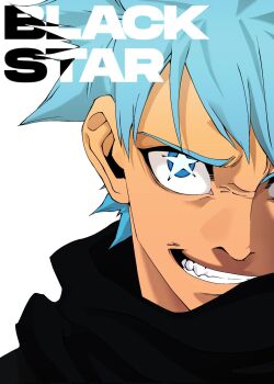  1boy black_star blue_eyes blue_hair character_name commentary english_commentary grin highres male_focus omegaa_7 portrait simple_background smile solo soul_eater star-shaped_pupils star_(symbol) symbol-shaped_pupils white_background 