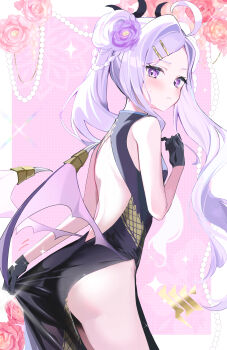  1girl absurdres ahoge alternate_costume alternate_hairstyle ass backless_dress backless_outfit bare_back black_dress black_gloves blue_archive blush braid breasts china_dress chinese_clothes clothes_pull commentary_request cosplay cowboy_shot demon_girl demon_horns demon_wings double_bun dragon_print dress dress_pull felnemo flower forehead from_behind gehenna_academy_logo gloves hair_bun hair_flower hair_ornament hairclip highres hina_(blue_archive) horns kisaki_(blue_archive) kisaki_(blue_archive)_(cosplay) leaning_forward long_hair looking_at_viewer parted_bangs pink_background print_dress pulling_own_clothes purple_eyes side_slit sidelocks small_breasts solo standing sweatdrop twintails white_hair wings 