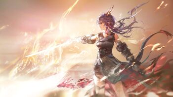  1girl arknights artist_request bare_shoulders belt blue_hair ch'en_(arknights) ch'en_the_dawnstreak_(arknights) cowboy_shot detached_sleeves dragon_tail eastern_dragon_tail energy_weapon feet_out_of_frame floating_clothes floating_hair game_cg glowing glowing_weapon hand_up highres holding holding_sword holding_weapon horns official_art profile red_eyes serious sheath shorts sidelighting solo sword tail third-party_source variant_set weapon 