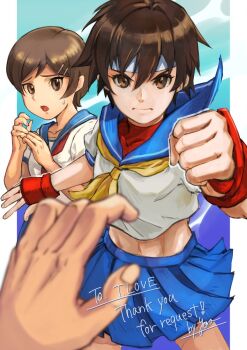  1other 2girls artist_request blue_sailor_collar blue_skirt brown_eyes brown_hair capcom chitose_kei english_text fingerless_gloves gloves hair_between_eyes hair_ornament hairclip headband highres kasugano_sakura matching_hair/eyes multiple_girls navel neckerchief pleated_skirt red_gloves sailor_collar scared school_uniform serafuku serious short_hair skirt street_fighter street_fighter_zero_(series) sweatdrop white_headband yellow_neckerchief 