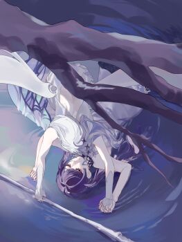  2girls alternate_hair_length_(longer) arms_up asahina_mafuyu backless_dress backless_outfit bare_arms bloom_festival_(project_sekai) branch closed_mouth commentary dress dress_flower english_commentary flower from_above grey_dress grey_flower hair_ornament highres holding holding_hands holding_scythe interlocked_fingers lioneiznotlazy long_hair looking_at_another low_wings lying multiple_girls official_alternate_costume official_alternate_hairstyle on_back project_sekai purple_eyes purple_hair ripples scythe sidelocks sleeveless sleeveless_dress star_(symbol) star_hair_ornament swept_bangs twintails very_long_hair water wet wet_hair white_hair wings yoisaki_kanade 