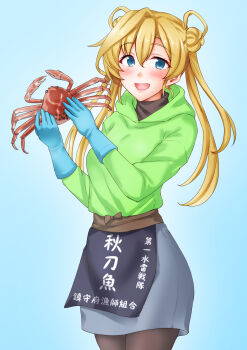  1girl abukuma_(kancolle) alternate_costume anti_(untea9) apron black_pantyhose blonde_hair blue_background blue_eyes blue_gloves blue_skirt clothes_writing commentary_request double_bun gloves green_sweater hair_bun hair_rings highres holding hood hooded_sweater kantai_collection long_hair pantyhose rubber_gloves skirt smile snow_crab solo sweater translation_request twintails 