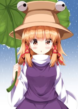  1girl :o blonde_hair blue_background blush brown_hat commentary_request gradient_background hair_ribbon hat highres holding holding_leaf leaf long_sleeves looking_at_viewer moriya_suwako open_mouth orange_eyes purple_skirt purple_vest rain red_ribbon ribbon ruu_(tksymkw) shirt short_hair sidelocks skirt skirt_set solo touhou turtleneck turtleneck_shirt upper_body vest white_shirt wide_sleeves 