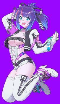  1girl aqua_eyes aqua_hair aqua_nails arm_behind_head bandaid bandaid_on_face bandaid_on_nose black_ribbon blush boots breasts buckle clothes_writing commentary english_commentary eyelashes fang fingernails full_body gradient_hair hair_ornament hair_ribbon hairclip highres jacket long_sleeves melody_(projektmelody) melody_(projektmelody)_(4th_costume) multicolored_hair nail_polish navel open_clothes open_jacket open_mouth pink_hair purple_eyes purple_hair ribbon short_shorts shorts simple_background smile solo streaked_hair teeth thighhighs underboob unlimitedream upper_teeth_only virtual_youtuber vshojo white_boots white_shorts white_thighhighs zettai_ryouiki 