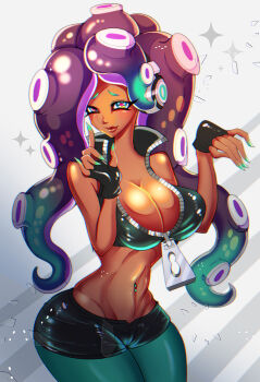  1girl aqua_eyes bad_id bad_pixiv_id bare_shoulders breasts cephalopod_eyes cleavage crop_top dark-skinned_female dark_skin female_focus fingerless_gloves gloves green_pantyhose headphones hip_focus ishukandaru large_breasts lips lipstick long_hair looking_at_viewer makeup marina_(splatoon) midriff mole mole_under_mouth nail_polish navel navel_piercing nintendo octoling pantyhose piercing purple_hair short_shorts shorts solo splatoon_(series) splatoon_2 stomach symbol-shaped_pupils tentacle_hair zipper  rating:Sensitive score:21 user:danbooru