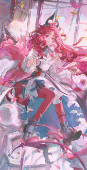  1girl :q absurdres ahoge ankle_boots ankle_strap arknights black_shoes boots bright_pupils bubble cake cake_slice carousel cherry commentary demon_girl demon_horns demon_tail dress falling_petals food food_on_face fork frilled_sleeves frills fruit full_body hairband hands_up highres holding holding_fork holding_plate horns key knees_together_feet_apart long_hair long_sleeves looking_at_viewer nymph_(arknights) nymph_(sweetness_to_the_heart)_(arknights) official_alternate_costume pantyhose petals pink_eyes pink_hair pink_hairband pink_petals pink_theme plate pointy_ears red_pantyhose shin_oooooo shoes sitting solo symbol-only_commentary tail tongue tongue_out white_dress white_pupils 