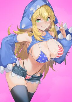  1girl absurdres american_flag american_flag_bikini american_flag_print animal_hood bikini black_thighhighs blonde_hair blue_shirt blue_shorts blush breasts commentary cropped_shirt cum cum_on_body denim denim_shorts detached_sleeves flag_print flag_print_bikini green_eyes highleg highleg_bikini highres hood large_breasts licking_lips long_hair looking_at_viewer micro_shorts navel original print_bikini sharekoube shark_hood shirt shorts smile solo swimsuit thighhighs thighs tongue tongue_out untranslatable_commentary 
