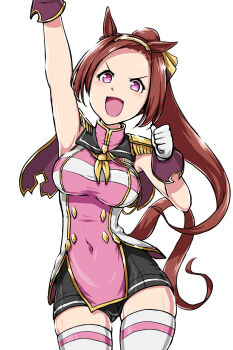  1girl animal_ears asymmetrical_footwear asymmetrical_gloves blush breasts brown_hair commentary_request deno_(denomina0) ear_ornament epaulettes flower_in_eye gloves gold_hairband hairband highres horse_ears horse_girl horse_tail long_hair looking_at_viewer meme mismatched_footwear mismatched_gloves neckerchief open_mouth ponytail purple_eyes sakura_bakushin_o_(blossom_in_learning)_(umamusume) sakura_bakushin_o_(umamusume) shirt smile solo symbol_in_eye tail umamusume yellow_neckerchief 