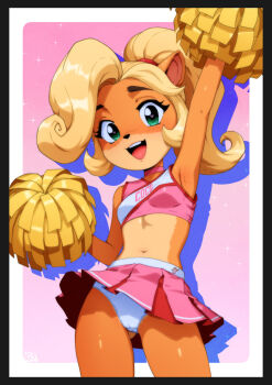 1990s_(style) alternate_costume animal_ears animal_nose arm_up armpits artist_name bare_shoulders black_border blonde_hair blush body_fur border breasts cameltoe character_name character_print cheerleader choker clothes_lift clothes_writing coco_bandicoot cowboy_shot crash_bandicoot crash_bandicoot_(series) crop_top crotch_seam drop_shadow gluteal_fold gradient_background gravydood green_eyes hair_tie hand_up happy heart heart-shaped_pupils holding holding_pom_poms light_blush looking_at_viewer medium_hair midriff miniskirt navel nose_blush open_mouth orange_fur outside_border panties pink_background pink_choker pink_shirt pink_skirt pleated_skirt pom_pom_(cheerleading) pom_poms ponytail retro_artstyle shiny_skin shirt sidelocks signature simple_background skirt skirt_lift sleeveless sleeveless_shirt small_breasts smile sparkle standing stomach symbol-shaped_pupils teeth thighs two-tone_fur underwear white_border white_panties wind wind_lift yellow_fur