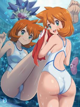 1girl absurdres ass breasts curvy gen_1_pokemon gen_3_pokemon green_eyes highleg highleg_one-piece_swimsuit highres huge_ass luvdisc misty_(pokemon) multiple_views nintendo one-piece_swimsuit orange_hair pokemoa pokemon pokemon_(creature) pokemon_gsc pokemon_hgss shiny_skin short_hair side_ponytail solo starmie swimsuit wide_hips