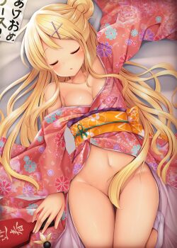 1girl arm_up bed_sheet blonde_hair blush breasts cleavage closed_eyes collarbone commentary_request convenient_censoring dutch_angle facing_viewer female_focus floral_print groin hagoita hair_bun convenient_hair hair_ornament hairclip hanetsuki highres japanese_clothes kimono kin-iro_mosaic kujou_karen long_hair long_sleeves lying medium_breasts minato_ojitan navel no_bra no_panties off_shoulder on_back open_clothes open_kimono paddle parted_lips print_kimono red_kimono single_hair_bun sleeping socks solo very_long_hair white_socks wide_sleeves x_hair_ornament rating:Questionable score:102 user:danbooru