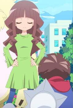  1girl 2boys amanokawa_hiro blue_sky brown_hair closed_eyes digimon digimon_ghost_game dress gammamon green_dress hands_on_own_hips highres long_hair multiple_boys screencap sky third-party_edit toei_company tsukiyono_ruli very_long_hair  rating:Sensitive score:11 user:jameskb1