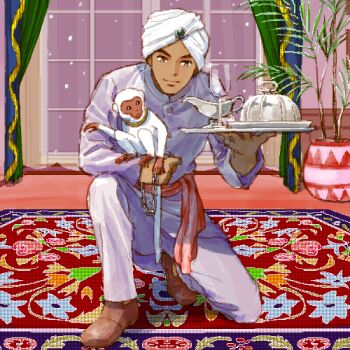  1boy animal animal_on_arm brown_eyes brown_shoes carpet chain closed_mouth commentary cup curtains dark-skinned_male dark_skin drinking_glass gravy_boat hand_up holding holding_tray indoors jacket looking_at_viewer lowres male_focus monkey on_one_knee pants plant plate potted_plant princess_sarah ram_dass red_sash sakai_yume sash serving_dome shoes smile snowing surya_(princess_sarah) tray turban white_jacket white_pants white_turban window 
