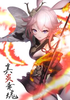  1girl absurdres animal_ears armor breasts commentary_request dual_wielding fire fox_ears gauntlets hair_ornament highres holding holding_sword holding_weapon honkai_(series) honkai_impact_3rd japanese_armor joeillustrate katana large_breasts looking_at_viewer open_mouth pink_hair purple_eyes simple_background solo sword wakizashi weapon white_background yae_sakura yae_sakura_(flame_sakitama) 