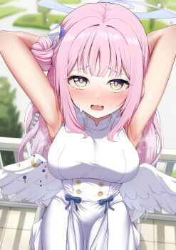 1girl absurdres angel_wings aoto_mei armpits arms_behind_head arms_up bare_arms blue_archive blush breasts commentary_request dress feathered_wings from_above hair_bun halo highres large_breasts long_hair looking_at_viewer low_wings mika_(blue_archive) open_mouth outdoors partial_commentary pink_hair presenting_armpit single_side_bun sleeveless sleeveless_dress solo steaming_body sweat white_dress white_wings wing_ornament wings yellow_eyes rating:Sensitive score:34 user:danbooru