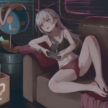 1girl armpits barefoot black_bow black_sports_bra bow bulge clothes_writing colored_inner_hair controller couch ear_piercing earrings elbow_rest feet flat_chest game_controller grey_eyes grey_hair hair_bow hair_ornament hairclip heterochromia highres holding holding_controller industrial_pipe ishigami_nozomi jewelry leaning_to_the_side long_hair miyako_(naotsugu) multicolored_hair navel nijisanji open_mouth panties piercing pillow piranha_plant playing_games polka_dot polka_dot_bow red_eyes red_hair red_panties solo sports_bra spread_legs stomach streaked_hair underwear virtual_youtuber rating:Questionable score:89 user:danbooru