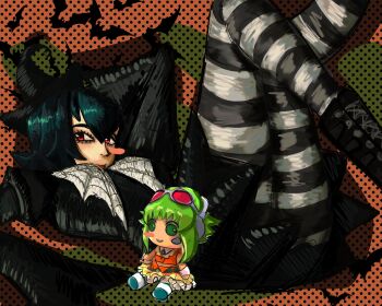 1girl bat_(animal) black_boots black_dress black_hat blush_stickers boots character_doll doll dress green_hair gumi halloween halloween_costume hand_on_own_head hat hatsuno looking_at_viewer lying multicolored_background open_mouth polka_dot polka_dot_background red_eyes short_hair single_blush_sticker smile striped_clothes striped_thighhighs stuffed_toy thighhighs vocaloid witch witch_hat zumi