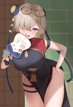  1girl absurdres black_dress blonde_hair blush china_dress chinese_clothes clothing_aside clothing_cutout commentary_request cowboy_shot cutout_above_navel dress eyewear_on_head fingerless_gloves gloves hair_over_one_eye hand_fan hand_on_own_hip highres holding holding_fan kirisame_oreo open_mouth outdoors pelvic_curtain pelvic_curtain_aside purple_eyes shadow single_fingerless_glove solo sunglasses sweety_(zenless_zone_zero) thigh_strap tinted_eyewear tuanshan underboob_cutout yellow-tinted_eyewear zenless_zone_zero 