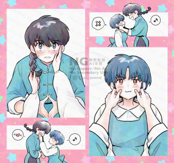  1boy 1girl ^_^ anger_vein black_hair blue_dress blue_hair blush braid cheek_pinching chinese_clothes closed_eyes commentary_request con_sonne dress facing_viewer frown hand_on_another's_cheek hand_on_another's_face heart height_difference hetero musical_note pale_skin pinching pink_background ranma_1/2 saotome_ranma school_uniform short_hair single_braid spoken_anger_vein spoken_heart spoken_musical_note star_(symbol) star_symbol_background tendou_akane v-shaped_eyebrows 