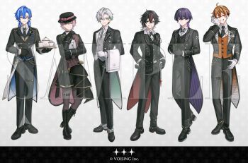  6+boys adjusting_clothes adjusting_gloves ahoge amayume_remu animal_print arkhe belt belt_buckle biting biting_glove black_belt black_boots black_border black_choker black_coat black_gloves black_hair black_hat black_necktie black_pants black_shoes black_shorts black_skirt black_suit black_vest blue_coat blue_hair bolo_tie boots border brooch brown_pantyhose buckle butler cat_o-ring charlo_(chrono_reverse) choker chrono_reverse closed_mouth coat collar_chain_(jewelry) colored_inner_hair commentary_request contrast_lapels copyright_notice cross_tie cup curtained_hair earrings formal_clothes full_body gloves gold_trim green_coat green_eyes green_hair grey_eyes grey_vest grin gun hair_between_eyes hair_ornament hairclip hand_on_own_elbow hand_on_own_hip hand_on_own_stomach hand_up handgun hands_on_own_hips hat hat_ornament holding holding_tray holster jewelry kaname_(chrono_reverse) key key_necklace knee_boots lace-up_boots lapel_pin lapels letterboxed lineup long_sleeves looking_at_viewer male_focus medium_hair mismatched_earrings monk_shoes mullet multicolored_hair multiple_boys necklace necktie notched_lapels o-ring o-ring_thigh_strap official_art one_eye_closed open_clothes open_coat orange_coat orange_eyes orange_hair orange_vest oxfords panj_(tsubaki_panse) pants pantyhose parted_lips patterned_hair pink_coat pink_hair pocket_square pocket_watch purple_coat purple_eyes purple_hair red_coat red_pupils sample_watermark shino_(chrono_reverse) shirt shoes short_hair shorts shorts_under_skirt simple_background skirt sleeve_cuffs smile standing streaked_hair striped_coat stud_earrings suit tailcoat teacup teapot thigh_belt thigh_holster thigh_strap tiger_print towel towel_on_arm tray trilby tuxedo_shirt two-sided_coat two-sided_fabric urumiya v-shaped_eyebrows vest wallet_chain watch watermark weapon white_background white_gloves white_hair white_shirt wingtip_collar x_hair_ornament yellow_eyes 