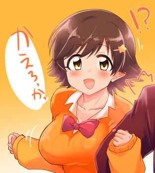  !? 1boy 1girl blush bow bowtie breast_press breasts brown_hair commentary_request flipped_hair hair_ornament hetero highres honda_mio idolmaster idolmaster_cinderella_girls large_breasts locked_arms long_sleeves open_collar orange_sweater out_of_frame red_bow red_bowtie shirt short_hair smile solo_focus speech_bubble star_(symbol) star_hair_ornament sweater tong_(freedom2000) translation_request upper_body white_shirt 