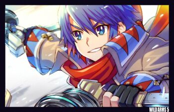  1boy blue_eyes blue_hair commentary_request dean_stark fingerless_gloves gloves holding holding_weapon male_focus short_hair smile solo weapon wild_arms wild_arms_5 yuki_(yuki2061) 