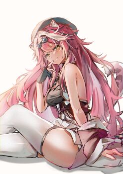  1girl absurdres animal_ears bare_shoulders black_gloves black_hat breasts closed_mouth commentary crossed_legs dress english_commentary fingerless_gloves from_side gloves goggles goggles_on_head hat highres hololive hololive_english large_breasts lichael looking_at_viewer multicolored_hair panther_ears panther_girl panther_tail pink_hair pink_tail raora_panthera raora_panthera_(1st_costume) simple_background single_glove sitting smile solo streaked_hair tail thighhighs thighs two-tone_hair virtual_youtuber white_background white_dress white_hair white_thighhighs yellow_eyes 