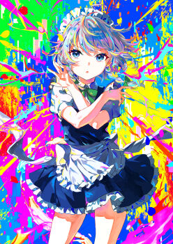  1girl absurdres apron back_bow blue_dress blue_eyes bow bowtie braid collared_shirt colorful commentary commentary_request dress english_commentary frilled_dress frills green_bow green_bowtie grey_hair hair_bow highres ibushi_roun izayoi_sakuya long_hair looking_at_viewer maid maid_headdress mixed-language_commentary open_mouth pinafore_dress puffy_short_sleeves puffy_sleeves shirt short_sleeves sleeveless sleeveless_dress solo touhou twin_braids waist_apron white_bow white_shirt 