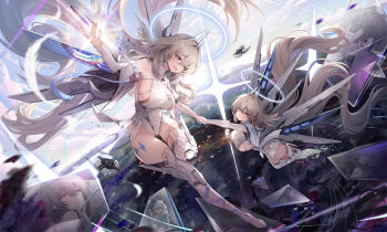  1girl absurdres aged_down arm_up armored_boots bare_shoulders blush boots breasts broken_mirror chaos_zero_nightmare commentary_request detached_sleeves dual_persona grey_hair hair_between_eyes halo highres holding holding_hands horns large_breasts leotard long_hair looking_at_another mechanical_horns mechanical_wings mirror multiple_views open_mouth purple_eyes reflection salmonppang sereniel_(chaos_zero_nightmare) sideboob sidelocks thighs white_leotard white_sleeves wings 