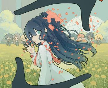  1other 4boys 4girls absurdres androgynous aqua_eyes black_eyes black_hair chibi commentary dante_(limbus_company) don_quixote_(project_moon) field finger_frame floating_hair flower flower_field gregor_(project_moon) heathcliff_(project_moon) heterochromia highres hong_lu_(project_moon) ishmael_(project_moon) limbus_company long_hair looking_back mili_(band) minty_chu multiple_boys multiple_girls open_mouth outdoors project_moon rodion_(project_moon) ryoshu_(project_moon) sinclair_(project_moon) smile solo_focus tassel tian_tian_(mili) waving yellow_flower 