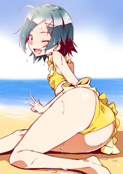  1girl ahoge ass beach bikini blush breasts commentary_request day fang feet_out_of_frame frilled_bikini frills green_hair hair_ornament hikigaya_komachi horizon looking_at_viewer ocean one_eye_closed open_mouth outdoors sand shore short_hair side-tie_bikini_bottom small_breasts smile solo swimsuit thighs v water x_hair_ornament yahari_ore_no_seishun_lovecome_wa_machigatteiru. yellow_bikini yuto_(dialique) 