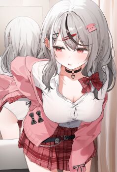  absurdres bent_over black_choker black_streaks bow bowtie breasts cardigan choker cleavage collared_shirt commentary double-parted_bangs dress_shirt earrings grey_hair hair_between_eyes hair_ornament hairclip hand_on_own_hip heart_pendant highres hololive indoors jewelry large_breasts long_hair looking_back miniskirt mirror nyashira o-ring o-ring_choker off_shoulder official_alternate_costume open_mouth panties pendant_choker pink_cardigan pleated_skirt red_bow red_bowtie red_eyes red_skirt sakamata_chloe sakamata_chloe_(gyarumata) school_uniform shirt shirt_tucked_in skirt spiked_ear_piercing underwear very_long_hair virtual_youtuber white_panties white_shirt x_hair_ornament 