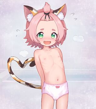  1girl animal_ear_fluff animal_ears arms_behind_back bow bow_panties cat_ears cat_girl cat_tail diona_(genshin_impact) fangs flat_chest genshin_impact green_eyes highres loli navel nipples open_mouth panties pepzi pink_hair short_hair solo tail underwear underwear_only white_panties 