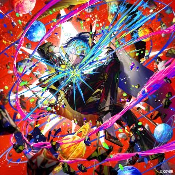  1girl binary black_gloves black_jacket black_pants black_shoes blue_eyes blue_hair bob_cut commentary_request copyright_name copyright_notice double-parted_bangs full_body gloves grin hair_between_eyes hair_ornament hand_up high_heels highres hololive hoshimachi_suisei hoshimachi_suisei_(spectra_of_nova) jacket looking_at_viewer mika_pikazo official_alternate_costume official_alternate_hair_length official_alternate_hairstyle official_art pants pastel_colors planet shirt shirt_tucked_in shoes short_hair smile solo star_(symbol) star_hair_ornament star_in_eye symbol_in_eye virtual_youtuber white_shirt wing_hair_ornament 