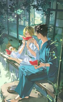  2boys absurdres animal baozaohuang barefoot black_hair blonde_hair bracelet cat cat_stretch commentary eating food fruit haikyuu!! highres indian_style japanese_clothes jewelry kozume_kenma kuroo_tetsurou looking_at_another male_focus multicolored_hair multiple_boys necklace plate roots_(hair) sandals short_hair sitting stretching untranslatable_commentary unworn_sandals watermelon watermelon_slice 