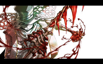  1boy bone_weapon callisto_(project_moon) commentary_request ehdbs1198 hat heart_(organ) holding holding_heart_(organ) holding_sword holding_weapon letterboxed limbus_company looking_at_viewer male_focus project_moon robot_boy simple_background solo stole sword weapon white_background white_hat 